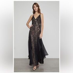 BCBG Maxazria scrolling lace embroidered gown